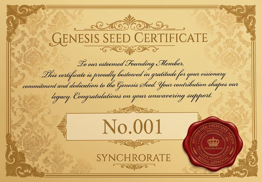 創世種子憑證（Genesis Seed Certificate）示意圖，編號 No.001
